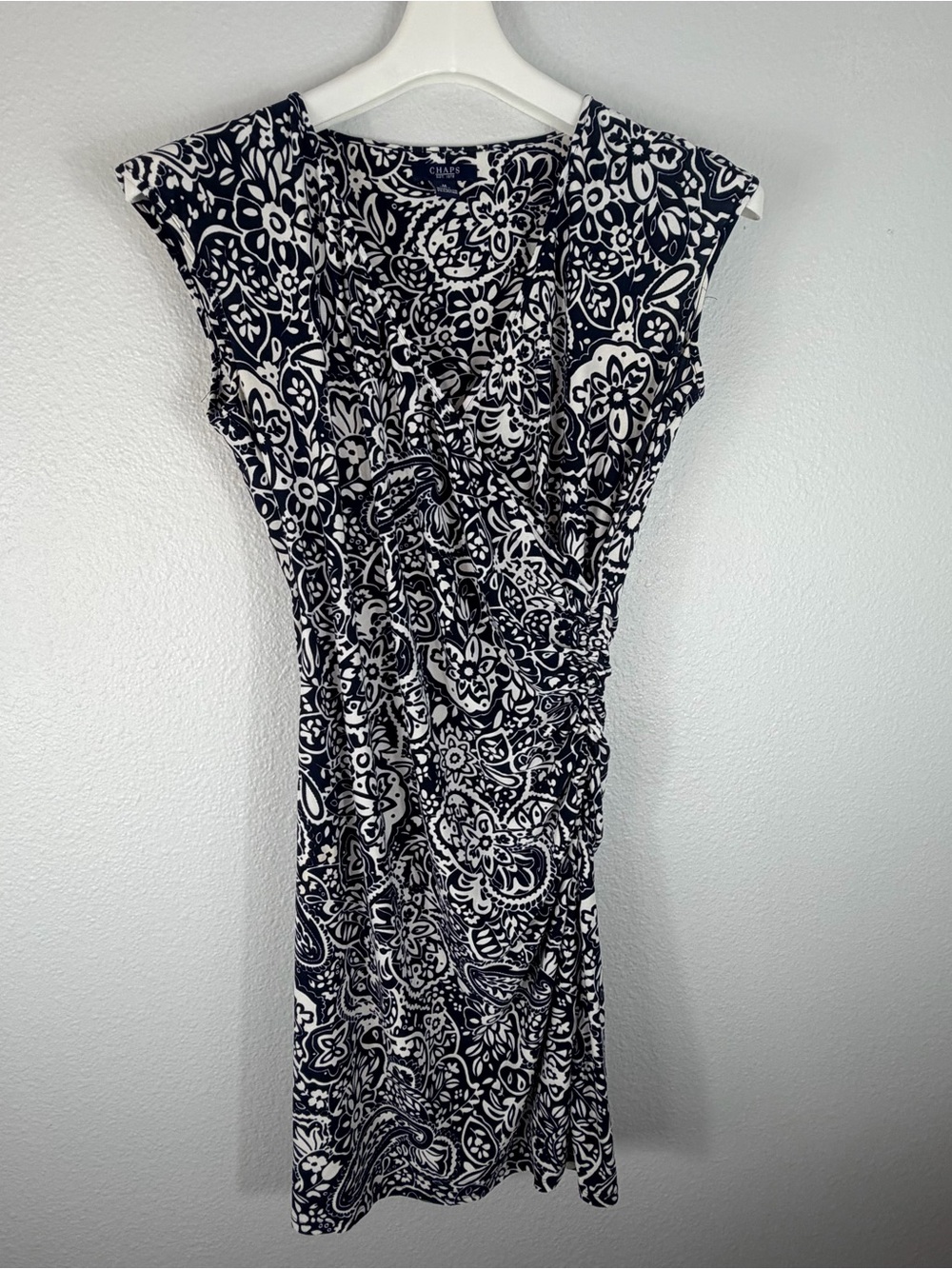 Chaps Navy Ivory Paisley Faux Wrap Ruched Midi Dress Size M